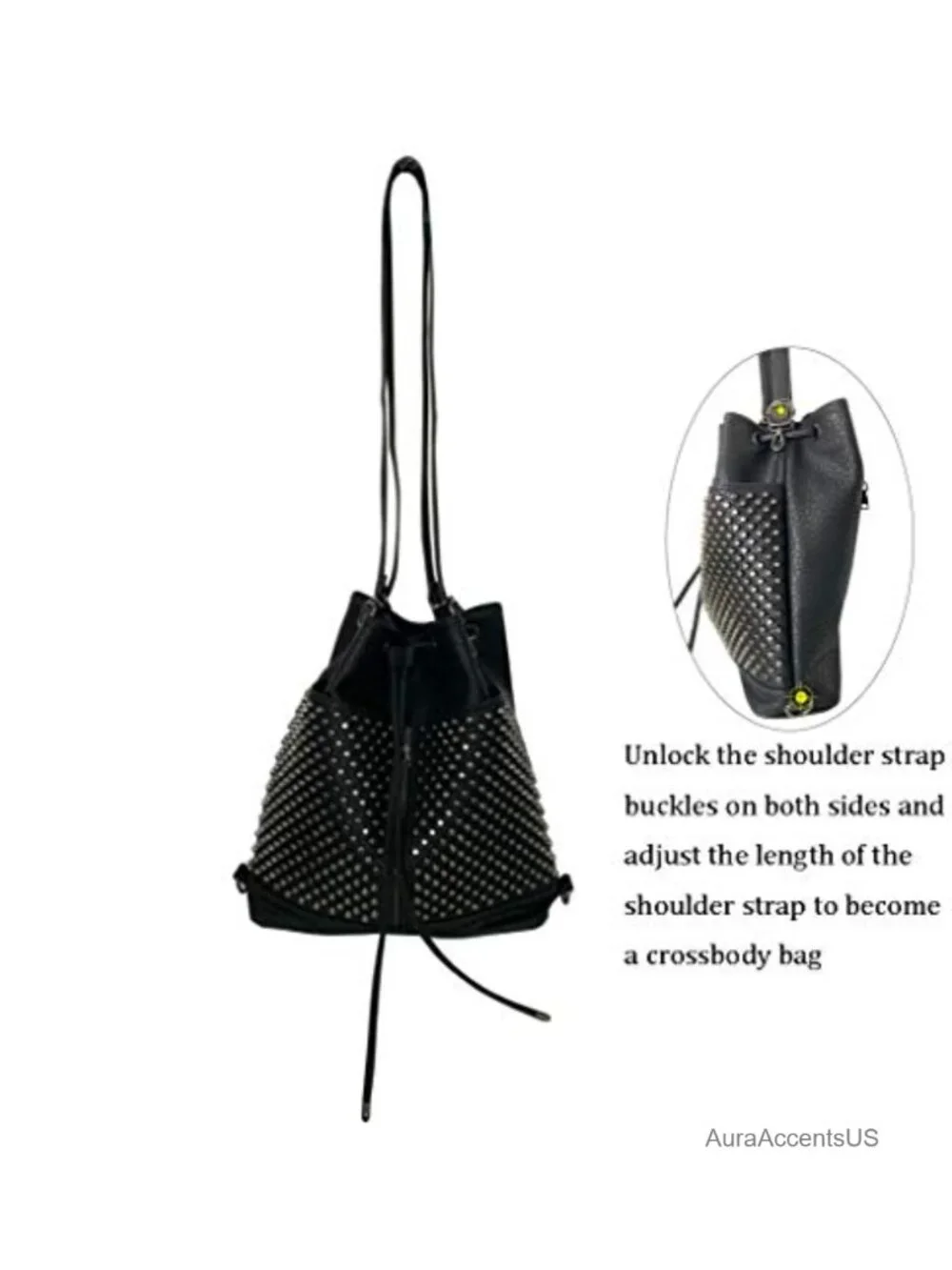 Oversized Studded Bucket Bag Convertible Vegan Leather Backpack Crossbody